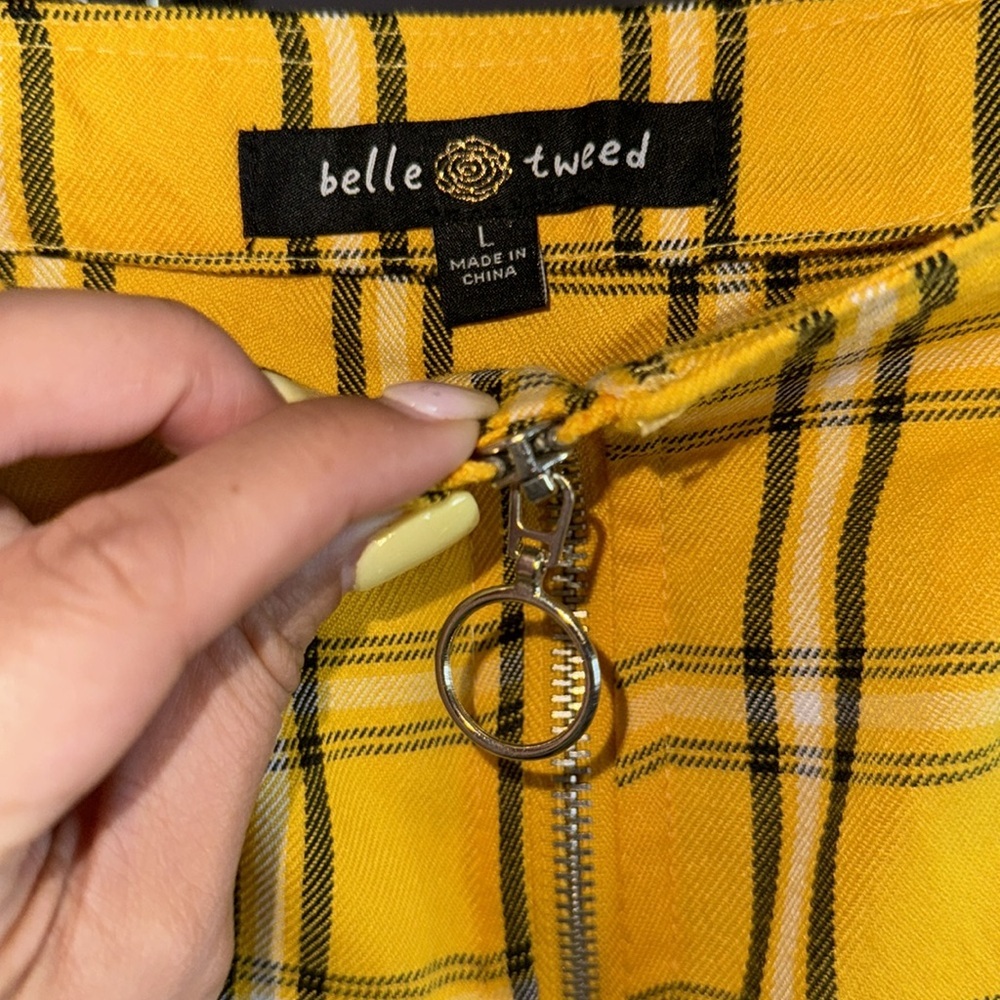 NWT-BELLE TWEED-Yellow plaid front zipper skirt with pockets size Large - Picture 4 of 6
